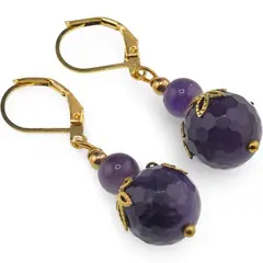Cercei cu agatatoare Ametist sfere si flori aurii, 6-12mm