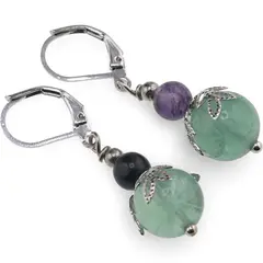 Cercei cu agatatoare Fluorit sfere si flori argintii, 6-10mm