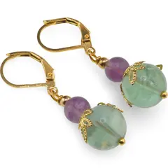 Cercei cu agatatoare Fluorit sfere si flori aurii, 6-10mm