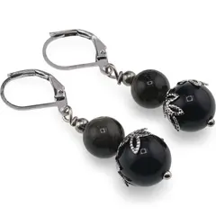 Cercei cu agatatoare Obsidian auriu sfere si flori argintii, 8-10mm