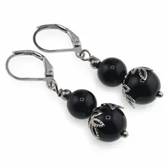 Cercei cu agatatoare Obsidian sfere si flori argintii, 8-10mm