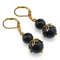 Cercei cu agatatoare Obsidian sfere si flori aurii, 8-10mm