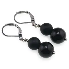 Cercei cu agatatoare Onix negru mat si Obsidian negru sfere, 8-10mm