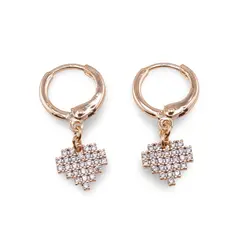 Cercei din cupru placat cu aur rose 18k, inima incrustata cu zirconii