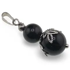 Pandantiv Obsidian auriu sfere si flori argintii, 8-10mm