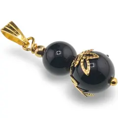 Pandantiv Obsidian sfere si flori aurii, 8-10mm