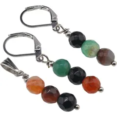 Set cercei si pandantiv Agat multicolor sfere fatetate, 6mm