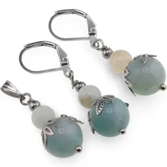 Set cercei si pandantiv Amazonit sfere si flori argintii, 6-10mm