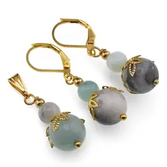 Set cercei si pandantiv Amazonit sfere si flori aurii, 6-10mm