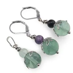 Set cercei si pandantiv Fluorit sfere si flori argintii, 6-10mm