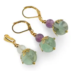 Set cercei si pandantiv Fluorit sfere si flori aurii, 6-10mm