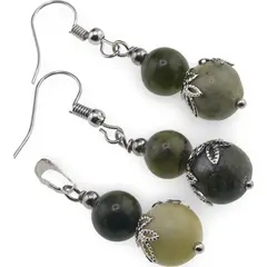 Set cercei si pandantiv Jad nefrit sfere si flori argintii, 8-10mm