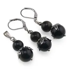 Set cercei si pandantiv Obsidian auriu sfere si flori argintii, 8-10mm