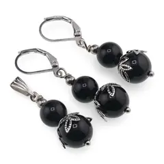 Set cercei si pandantiv Obsidian sfere si flori argintii, 8-10mm