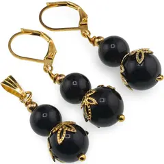 Set cercei si pandantiv Obsidian sfere si flori aurii, 8-10mm