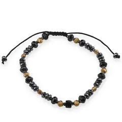 Bratara cu nod reglabil Hematit si Turmalina discuri fatetate 4-6mm, bumbi gravati cu rodiu