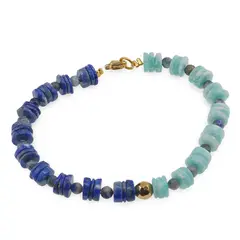 Bratara Lapis Lazuli si Amazonit discuri 7-8mm, Lapis Lazuli sfere 4mm si Hematit fatetat auriu 6mm