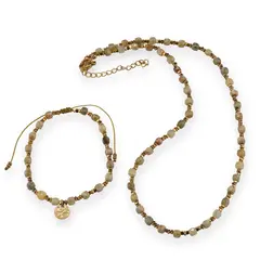 Set bratara si colier Granat verde cuburi fatetate si Hematit auriu discuri, 2-5mm