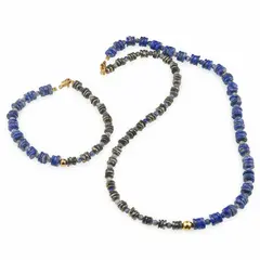 Set colier si bratara Lapis lazuli si Pirita rondele 6-7mm, Lapis lazuli sfere 3mm si Hematit auriu