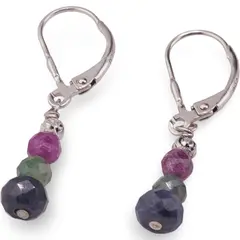 Cercei cu agatatoare Rubin, Smarald sfera fatetata 4mm, Safir disc fatetat 6mm si argint 925