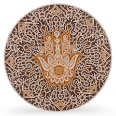 Decoratiune rotunda layered mandala cu palma Hamsa , alb cu galben - 24cm