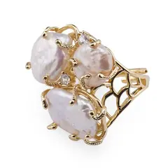 Inel reglabil auriu cu trei Perle de cultura si Zirconiu