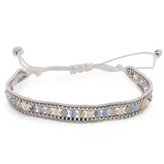 Bratara snur alb cu nod culisant si sticla gri, albastru, galben