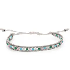 Bratara snur alb cu nod culisant si sticla verde, albastru, roz