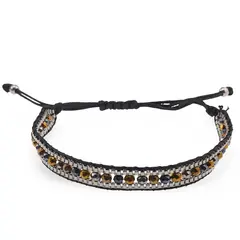 Bratara snur negru cu nod culisant si sticla maro si gri