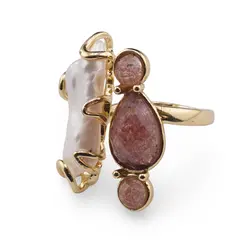 Inel reglabil auriu cu Perla de cultura si Aventurin rosu