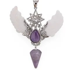 Pandantiv angelic cu Merkaba, Pendul din Ametist si Aripi Sidef, 10cm
