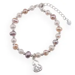 Bratara Perle de cultura multicolore, bumbi argintii si charm Wu lou