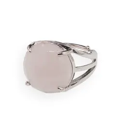 Inel reglabil Cuart roz rotund fatetat si montura argintie, 16mm