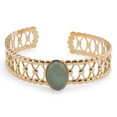 Bratara lata din metal auriu, model zale interconectate cu cristal natural Aventurin