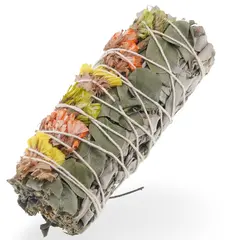 Buchet Salvie Alba cu frunze de Eucalipt si Flori de sinuata gabene, verzi si portocalii - 10cm