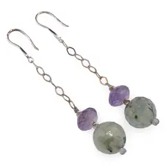 Cercei cu agatatoare Ametist discuri fatetate 10mm si Prehnit sfere fatetate 14mm cu Argint 925