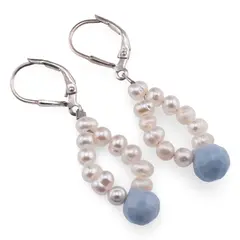 Cercei cu agatatoare Perle de cultura 4mm cu Opal albastru brioleta fatetata 8mm si Argint 925