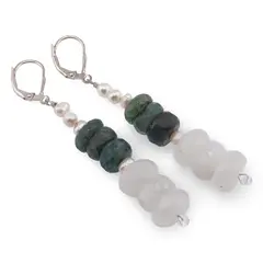 Cercei cu agatatoare Perle de cultura 4mm, Smarald si Piatra Lunii discuri fatetate 9-11mm cu Argint 925