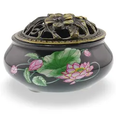 Suport ardere din ceramica negru cu model lotus imprimat, 10cm