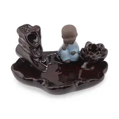 Suport ardere conuri parfumate cascada - backflow Calugar Zen cu floare de lotus - 12,5cm