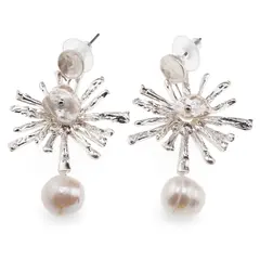 Cercei cu surub Perle de Cultura model soare, argintiu -  50mm