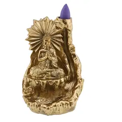 Suport ardere conuri parfumate cascada - backflow, Buddha in meditatie auriu - 13cm