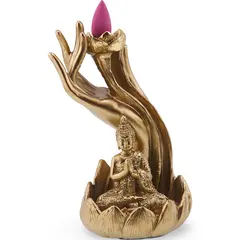 Suport ardere conuri parfumate cascada - backflow, Buddha pe lotus si mana - 14cm