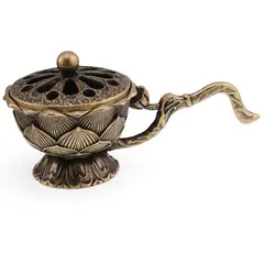 Catui metalic pentru ardere tamaie si ierburi parfumate, model floare de Lotus - 9cm