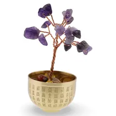 Copac cu cristale naturale de Ametist in bol metalic cu simboluri feng shui - 9cm