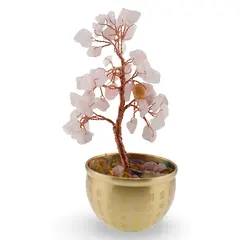 Copac cu cristale naturale de Cuart roz in bol metalic cu simboluri feng shui - 17cm
