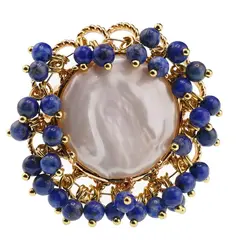 Inel reglabil cu perla de cultura rotunda si Lapis lazuli, auriu