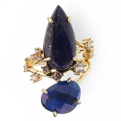 Inel reglabil statement dublu cu Lapis Lazuli si zirconii, auriu