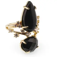 Inel reglabil statement dublu cu Obsidian negru si zirconii, auriu