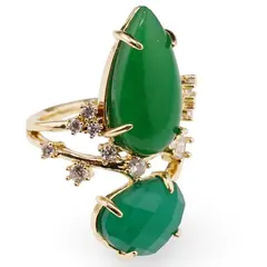 Inel reglabil statement dublu cu Onix verde si zirconii, auriu